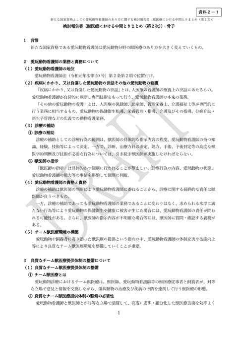 新たな国家資格としての愛玩動物看護師のあり方に関する検討報告書（獣医療における中間とりまとめ（第２次））・骨子案
