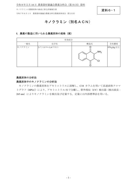 キノクラミン(別名ACN)の農薬原体の組成に係る評価報告書