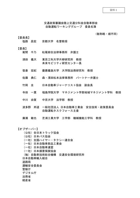 【資料１】自動運転WG委員名簿