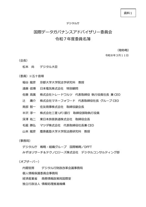 【資料1】国際データガバナンスアドバイザリー委員会 委員名簿 の表紙