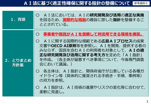 ＡＩ法に基づく適正性確保に関する指針（案）の概要について（人工知能戦略本部（第１回）資料）