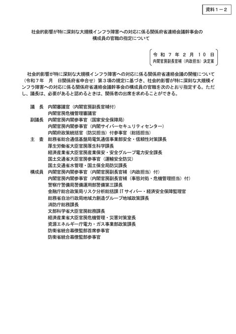 社会的影響が特に深刻な大規模インフラ障害への対応に係る関係府省連絡会議幹事会の構成員の官職の指定について（案）