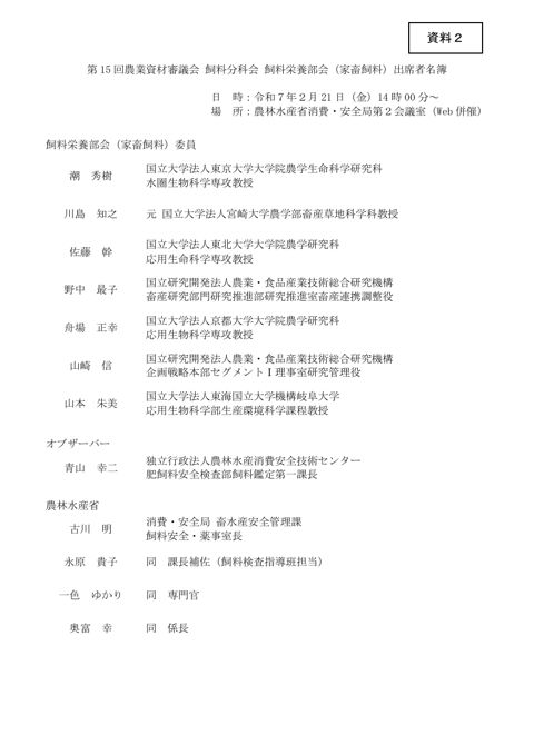 第15回飼料栄養部会（家畜飼料）出席者名簿