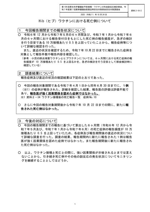 資料２―１８―２ Hib（ヒブ）ワクチンにおける死亡症例について［119KB］