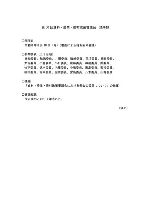 第 50 回食料・農業・農村政策審議会 議事録