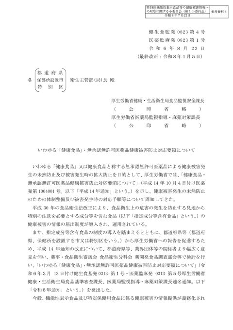 参考資料６ 「いわゆる「健康食品」・無承認無許可医薬品健康被害防止対応要領について」（令和６年８月23日付け健生食監発0823第４号・医薬監麻発0823第１号）
