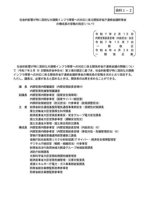 社会的影響が特に深刻な大規模インフラ障害への対応に係る関係府省庁連絡会議幹事会の構成員の官職の指定について（一部改正案）