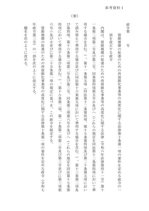 【参考資料１】資源循環の促進のための再資源化事業等の高度化に関する法律第十条第一項の要件を定める政令の一部を改正する政令（暫定案）