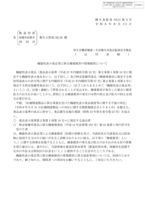 参考資料５ 「機能性表示食品等に係る健康被害の情報提供について」（令和６年８月23日付け健生食監発0823第３号）［PDF形式：1.2MB］
