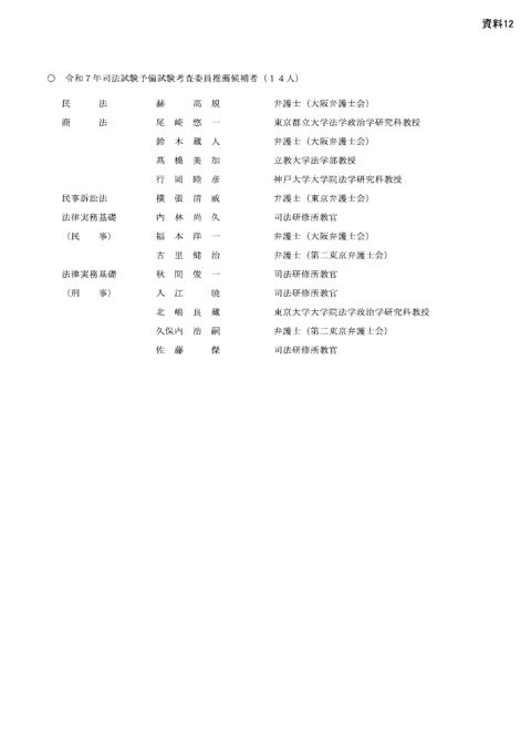 資料１２：令和７年司法試験予備試験考査委員推薦候補者名簿