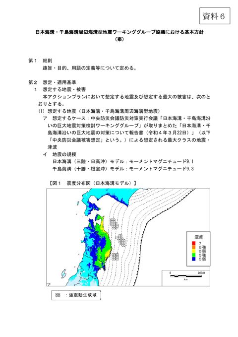 資料6 日本海溝・千島海溝周辺海溝型地震ワーキンググループ協議における基本方針（案） の表紙