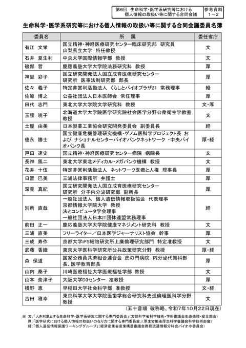 参考資料１－２： 生命科学・医学系研究等における個人情報の取扱い等に関する合同会議委員名簿［PDF形式：161KB］