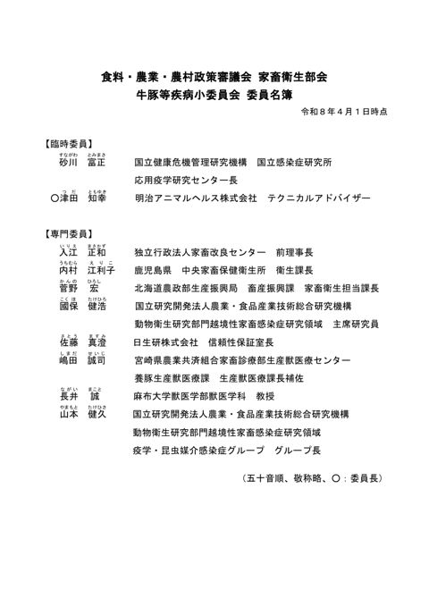 牛豚等疾病小委員会委員名簿 の表紙