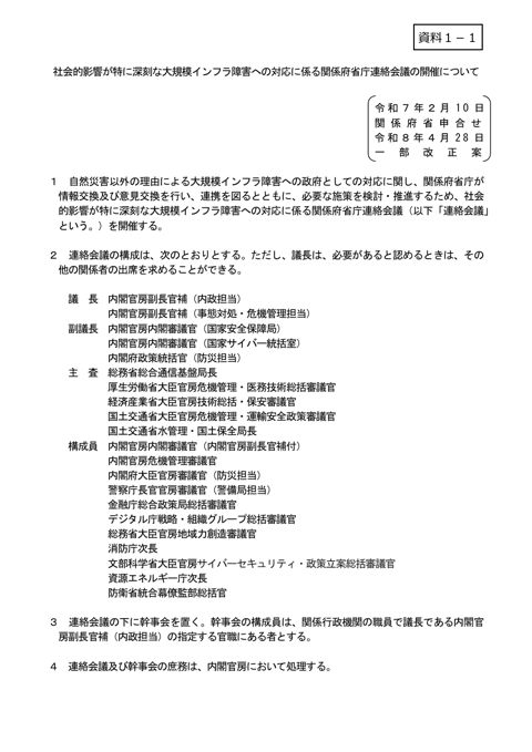 社会的影響が特に深刻な大規模インフラ障害への対応に係る関係府省庁連絡会議の開催について（一部改正案）
