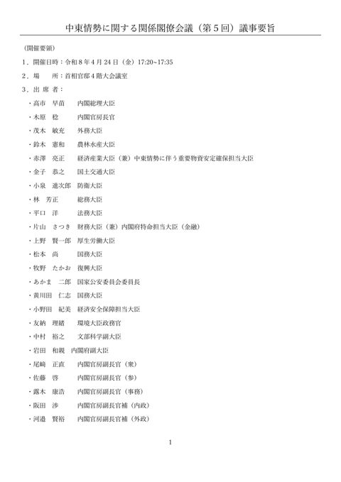 中東情勢に関する関係閣僚会議（第５回）議事要旨 の表紙