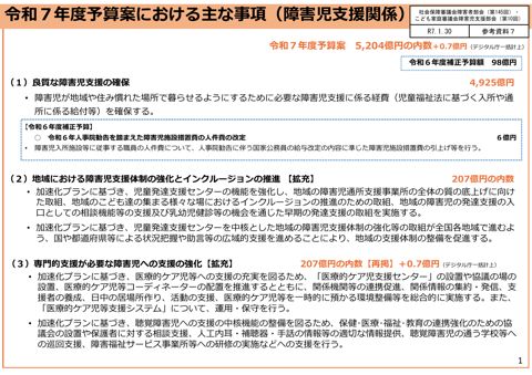 参考資料７ 令和７年度こども家庭庁支援局障害児支援課予算案の概要［PDF形式：216KB］