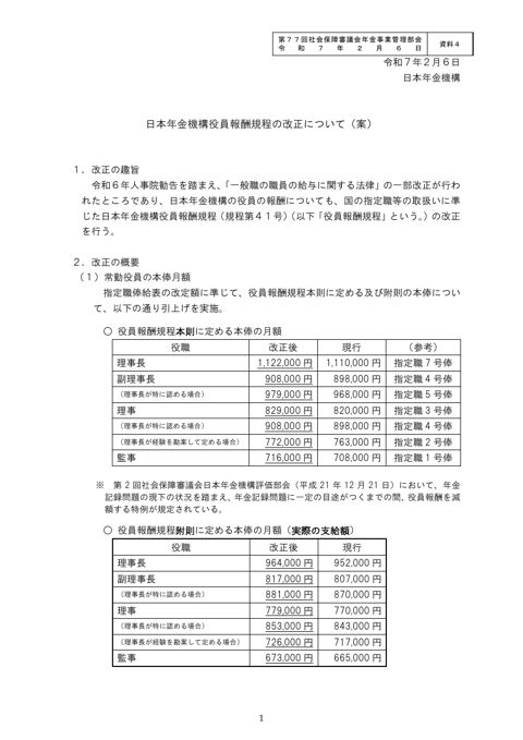 【資料４】日本年金機構役員報酬規程の改正について（案）［PDF形式：428KB］