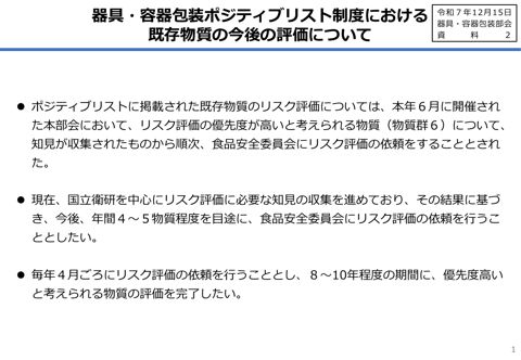 【資料2】器具・容器包装ポジティブリスト制度における既存物質の今後の評価について