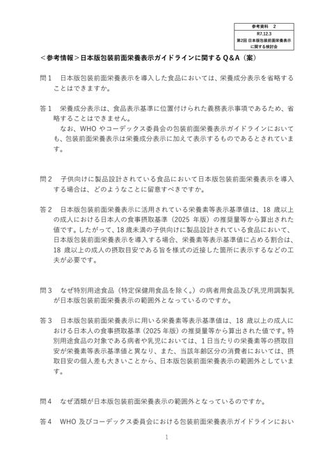 【参考資料2】<参考情報>日本版包装前面栄養表示ガイドラインに関するQ&A(案) の表紙