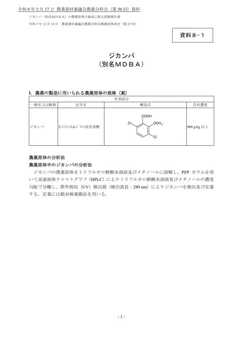 ジカンバ（別名MDBA）の農薬原体の組成に係る評価報告書
