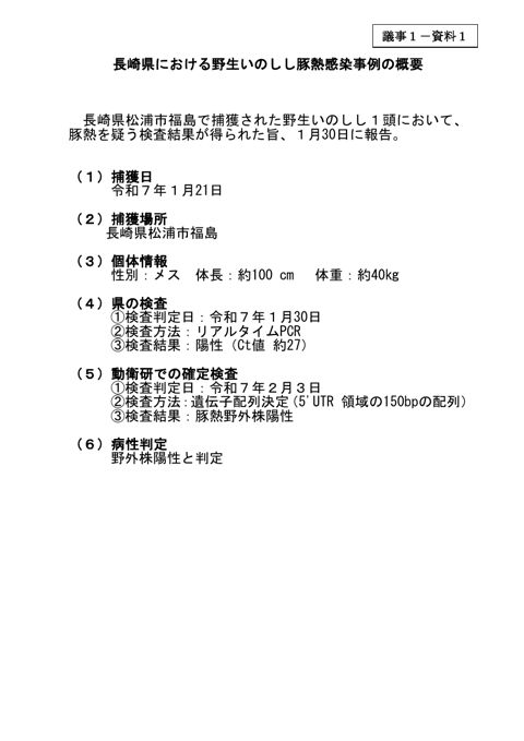 【議事1-資料1】長崎県における野生いのしし豚熱感染事例の概要