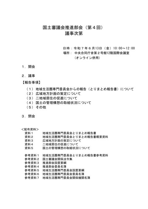 第４回国土審議会推進部会議事次第