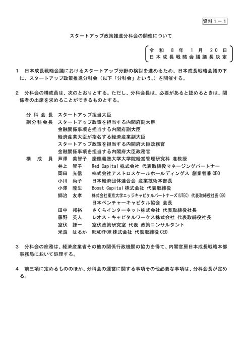 スタートアップ政策推進分科会の開催について