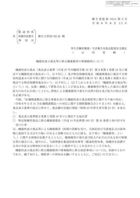 参考資料５ 「機能性表示食品等に係る健康被害の情報提供について」（令和６年８月23日付け健生食監発0823第３号）［PDF形式：1.2MB］