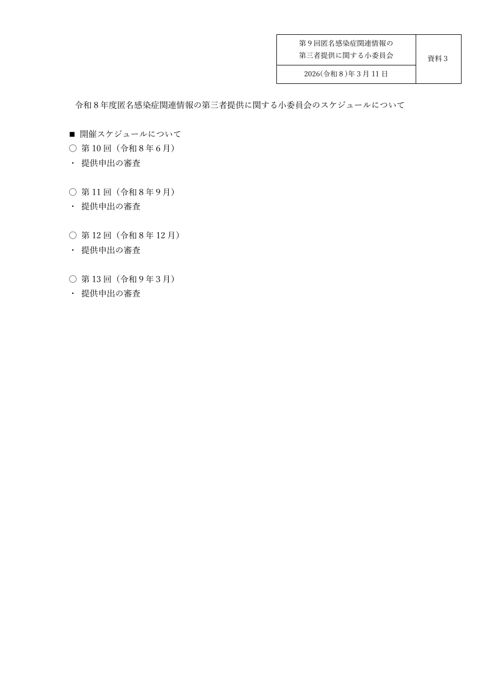 【資料３】令和８年度匿名感染症関連情報の第三者提供に関する小委員会のスケジュー ルについて［155KB］