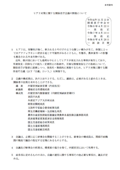 (申合せ)ヒアリ対策に関する関係省庁会議の開催について の表紙