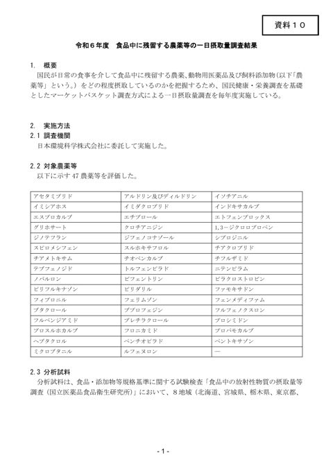 資料10 令和6年度 食品中に残留する農薬等の一日摂取量調査結果
