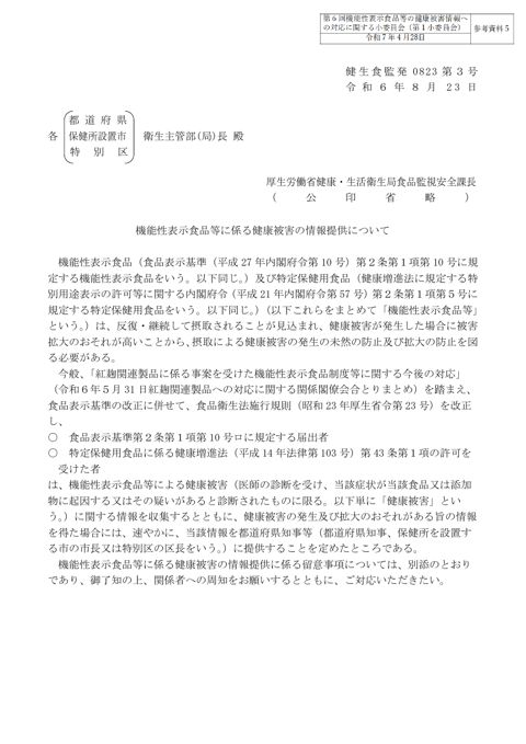 参考資料５ 「機能性表示食品等に係る健康被害の情報提供について」（令和６年８月23日付け健生食監発0823第３号）［PDF形式：1.2MB］