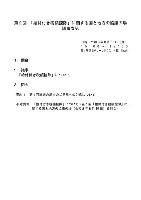 「給付付き税額控除」に関する国と地方の協議の場(第2回) 議事次第 の表紙