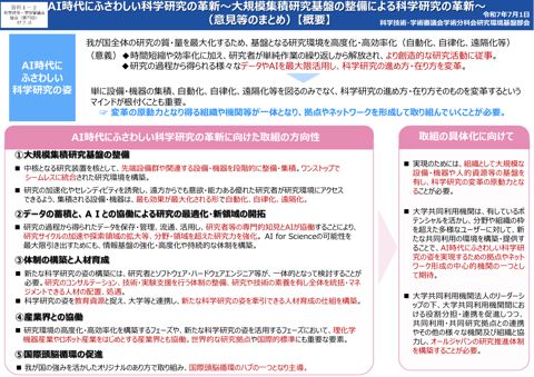 資料1-2 AI時代にふさわしい科学研究の革新ー大規模集積研究基盤の整備による科学研究の革新ー（意見等のまとめ）（令和7年7月1日研究環境基盤部会） (PDF: