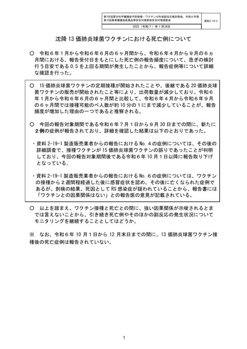 資料２－１９－２ 沈降 13 価肺炎球菌結合型ワクチン（無毒性変異ジフテリア毒素結合体）に おける死亡例ついて［196KB］ の表紙