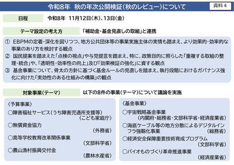 令和8年秋の年次公開検証(秋のレビュー)について(中司大臣提出資料) の表紙