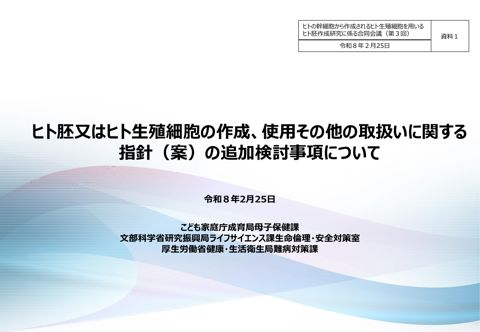 資料１ ヒト胚又はヒト生殖細胞の作成、使用その他の取扱いに関する指針（案）の追加検討事項について［PDF形式：942KB］ の表紙