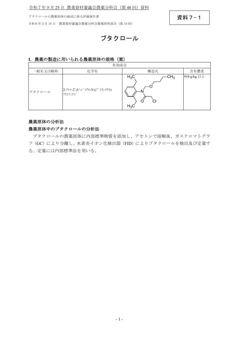 ブタクロールの農薬原体の組成に係る評価報告書
