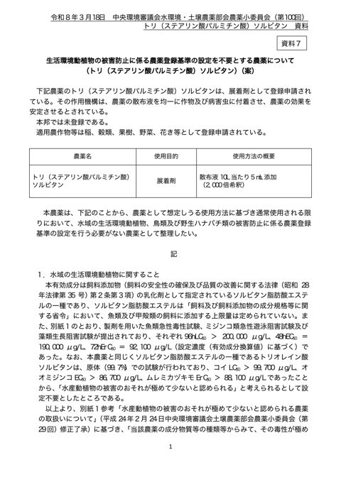 生活環境動植物の被害防止に係る農薬登録基準の設定を不要とする農薬について（トリ（ステアリン酸パルミチン酸）ソルビタン）