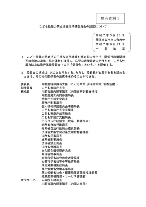 【参考資料1】 こども性暴力防止法施行準備委員会設置要綱