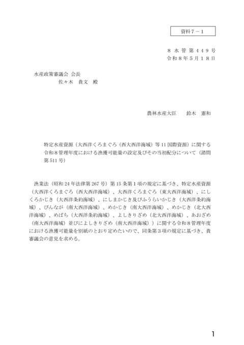 資料7 特定水産資源（大西洋くろまぐろ（西大西洋海域）等11国際資源）に関する令和8管理年度における漁獲可能量の設定及びその当初配分について（諮問第511号）(