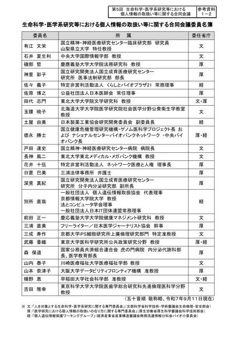 参考資料１－２： 生命科学・医学系研究等における個人情報の取扱い等に関する合同会議委員名簿［PDF形式：161KB］