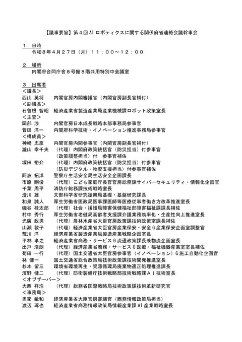 【議事要旨】第４回 AI ロボティクスに関する関係府省連絡会議幹事会