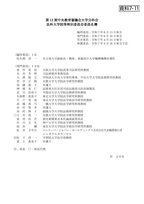 ７－11 第13期中央教育審議会大学分科会法科大学院等特別委員会委員名簿
