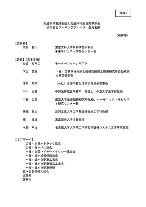 資料１ 交通政策審議会陸上交通分科会自動車部会技術安全ワーキンググループ委員名簿