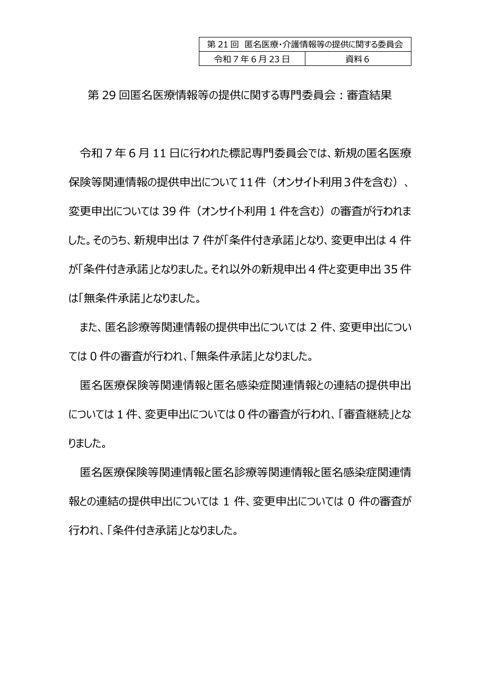 資料６ 匿名医療情報等の提供に関する専門委員会審査結果（報告）［160KB］