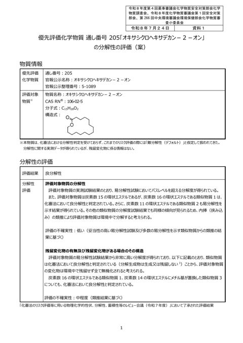 資料1 優先評価化学物質 通し番号 205「オキサシクロヘキサデカン-2-オン」の分解性の評価(案)