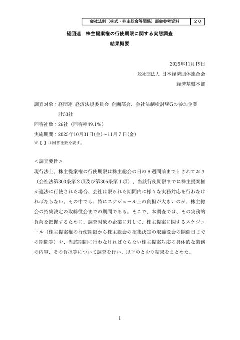 経団連 株主提案権の行使期限に関する実態調査 結果概要