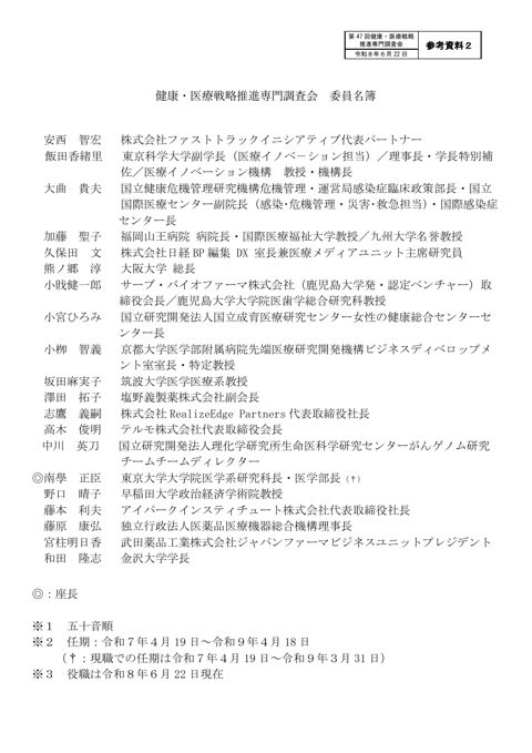 健康・医療戦略推進専門調査会 委員名簿