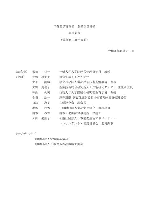 委員名簿(消費経済審議会 製品安全部会) の表紙